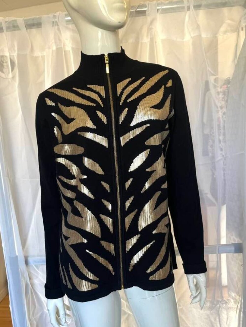 Fontana Black Gold Sequin Tiger Stripe Zip Up Cardigan Sweater XL